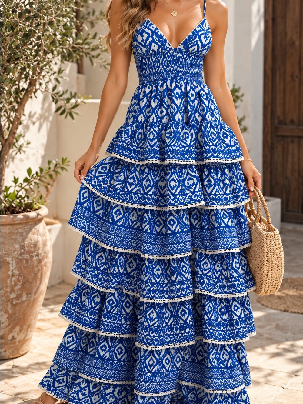 Fashion Nova Blue Printed Tiered Maxi Dress with Smocked Bodice